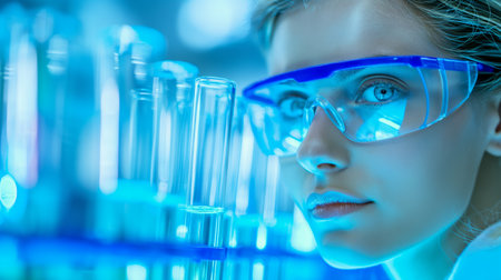 A scientist wearing protective goggles, examining test tubes in a bright laboratory.の素材
