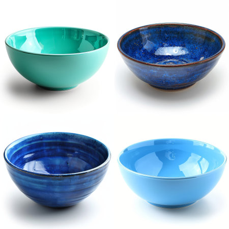 A selection of ceramic bowls in various shades of blue, showing elegant craftsmanship.の素材