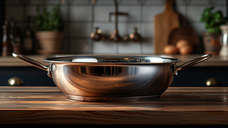 A polished copper pan rests on a rustic wooden kitchen counter, reflecting a sophisticated culinary setup.の素材