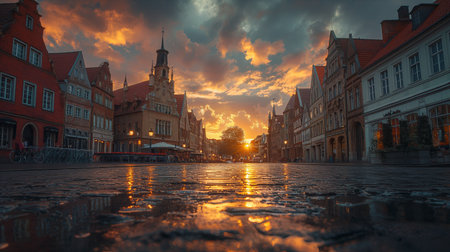 A picturesque European street bathed in the golden light of sunset, with reflections on the wet cobblestones.の素材