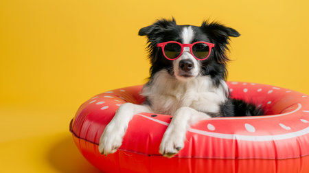 A playful border collie wearing pink sunglasses lounges in a red water float against a yellow background.の素材