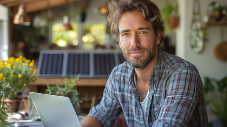 A ruggedly handsome man confidently works on his laptop in a solar-powered home office surrounded by greenery.の素材