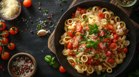 A rustic Italian pasta dish with cherry tomatoes, basil, and a sprinkle of parmesan in a cast iron skillet.の素材