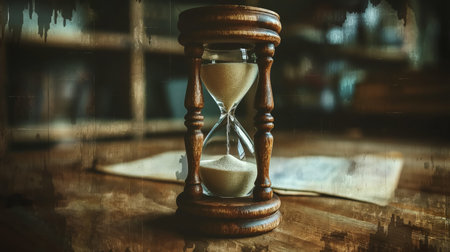 A rustic hourglass with finely flowing sand, embodying the essence of time and nostalgia.の素材