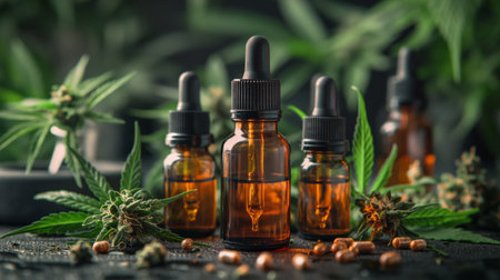 A serene and medicinal setup featuring CBD oil bottles amidst cannabis leaves, highlighting the natural essence of therapeutic use.の素材