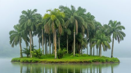 A serene island with dense palm trees emerges from the misty waters, creating a tranquil and mysterious tropical paradise.の素材