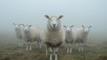 A serene flock of sheep stands alert in a misty meadow, their calm gazes piercing through the foggy air.の素材