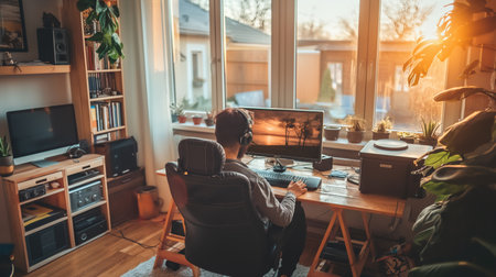 A serene home office bathed in golden sunset light, where a person immersed in a digital world explores virtual landscapes.の素材