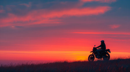 A serene moment as a motorcyclist pauses at dusk, bathed in the radiant hues of a vibrant sunsetの素材