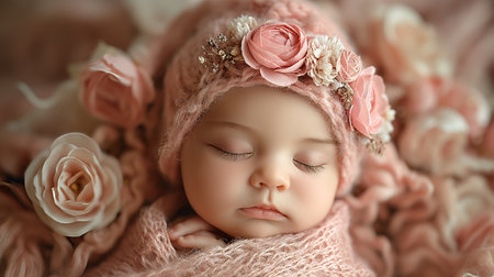 A serene scene of a newborn baby sleeping, adorned with pink roses and soft, knitted textures.の素材