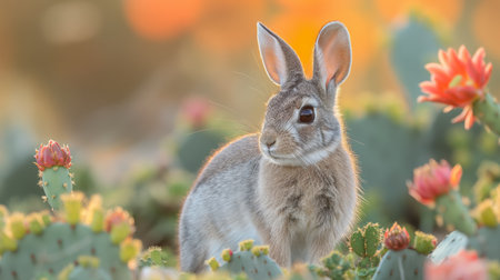 A serene rabbit sits among blooming cacti, basking in the golden hues of sunset.の素材