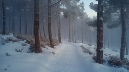 A serene path winds through a snowy forest, shrouded in fog and flanked by tall, frosty pine trees.の素材