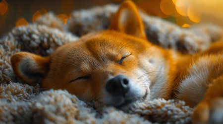 A serene Shiba Inu sleeps blissfully on a plush blanket, surrounded by a warm, golden glow.の素材