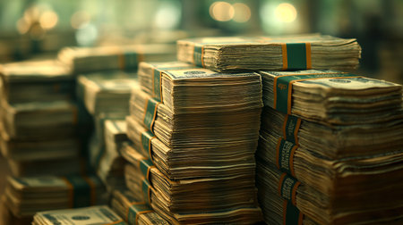 A towering pile of hundred-dollar bills, symbolizing vast wealth and the material gains of financial success.の素材
