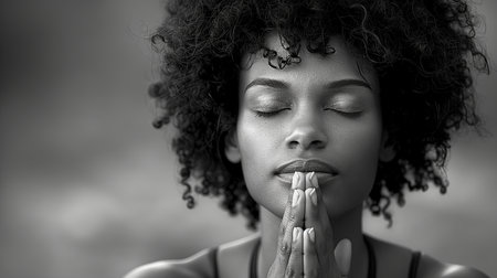 A serene woman with closed eyes and hands clasped in prayer exudes calmness in a black and white portrait.の素材