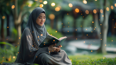 A serene woman in a hijab engrossed in a book under twinkling lights, showing a moment of quiet joy and enlightenment.の素材