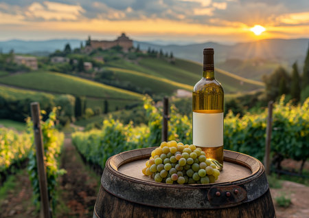 A serene vineyard sunset with a bottle of white wine and fresh grapes atop a rustic barrel.の素材