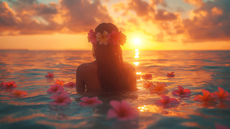 A serene sunset scene with a woman adorned with a floral headpiece, surrounded by floating flowers in a tranquil sea.の素材