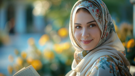 A serene young woman in a hijab, surrounded by yellow flowers, gazes softly, embodying grace and beauty.の素材