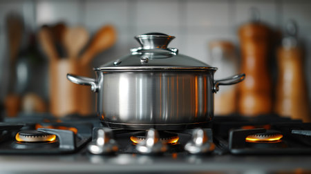 A shiny, silver pot sits proudly on a gas stove, its contents hidden but surely simmering.の素材
