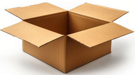 A simple, open cardboard box on a plain background, embodying minimalist design and functional simplicity.の素材
