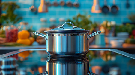 A shiny steel pot sits on a modern stove, reflecting the simplicity and efficiency of contemporary kitchen design.の素材