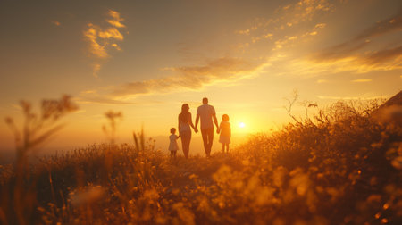 A silhouette of a family walking through a meadow at sunset, the golden light casting a warm glowの素材