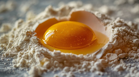 A single egg yolk nestled in a mound of flour, ready for a culinary creation.の素材