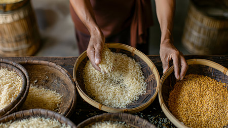 A skilled artisan meticulously selects and arranges rice grains in traditional woven baskets, showing the rich agricultural heritage.の素材