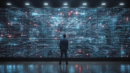 A single figure stands before an immense digital screen displaying a vast network of interconnected data points, symbolizing the modern age of big data and information flow.の素材
