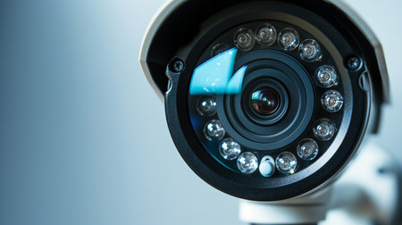 A sleek security camera set against a bright backdrop, showing its reflective lens and surrounding night vision LEDs.の素材