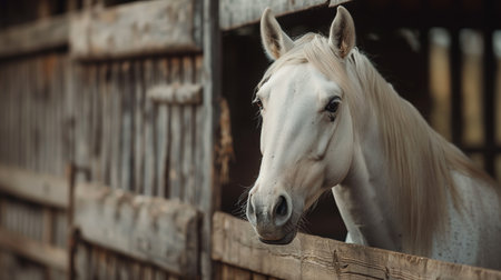 A serene white horse peeks curiously from a rustic barn, embodying calm elegance.の素材