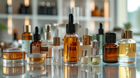 A sleek collection of skincare products arranged meticulously on a reflective surface, embodying modern beauty ritualsの素材