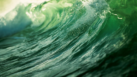 A towering emerald wave looms, its surface a chaotic dance of spray and foam, embodying the raw power of the ocean.の素材