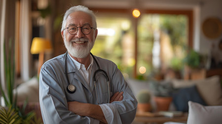 A smiling senior doctor with a stethoscope stands confidently in a cozy home environment, radiating trust and professionalism.の素材