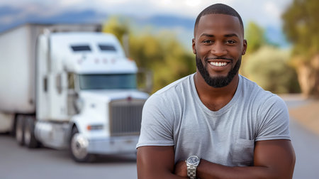 A smiling truck driver stands confidently beside his big rig.の素材