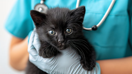 A small black kitten with striking blue eyes is carefully held by a veterinarian in teal scrubs, highlighting a moment of tender care.の素材