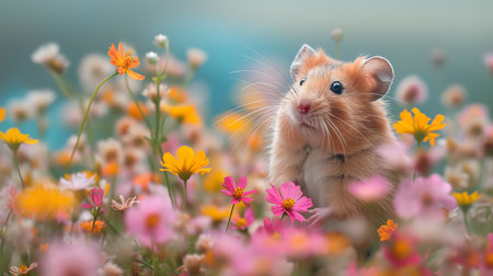 A small, inquisitive hamster peeks out among a colorful burst of wildflowers, whiskers twitching with curiosity.の素材