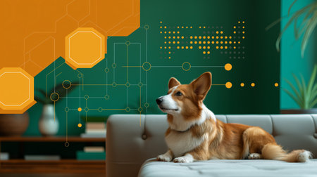 A smart Welsh Corgi sits amidst a futuristic, digitally-inspired living room, symbolizing the blend of pets and modern technology.の素材