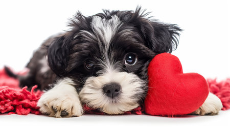 A small, black-and-white puppy lies on a red blanket, clutching a heart-shaped pillow, epitomizing love and innocence.の素材