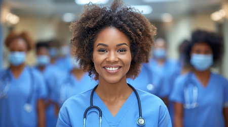 A smiling nurse standing proudly with colleagues in the background, symbolizing unity.の素材
