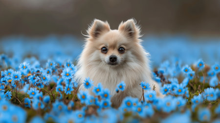 A small Pomeranian Spitz sits majestically among delicate blue flowers, radiating charm and serenity.の素材