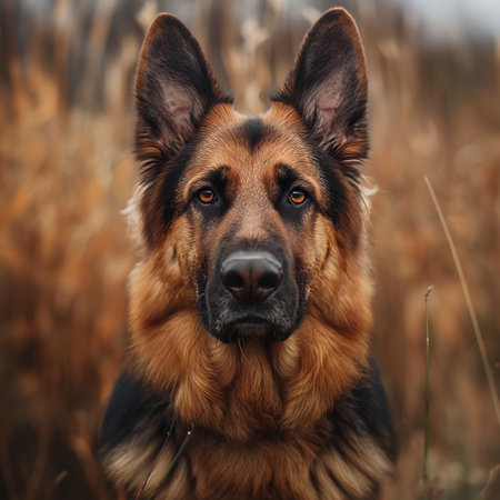 A solemn German Shepherd gazes intensely with its deep brown eyes amidst a blurred autumnal background.の素材