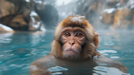 A snow monkey submerges in warm waters, its expression one of serene contemplation amid a snowy backdrop.の素材