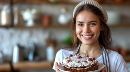 A smiling woman proudly presents a freshly baked, decorated cake in a cozy kitchen.の素材