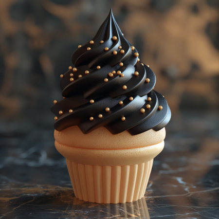A sophisticated cupcake topped with silky dark chocolate frosting and sprinkled with golden beads.の素材