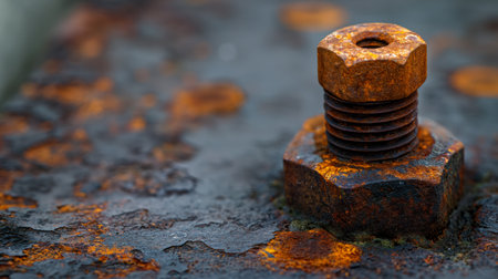 A solitary rusty screw clings to its aging metal surface, embodying the relentless passage of time.の素材