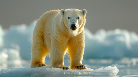A solitary polar bear stands on a small ice floe, gazing into the distance under the soft glow of the Arctic sun.の素材