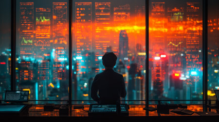 A solitary figure gazes at a cityscape filled with illuminated financial data, representing the dynamic nature of the global economy.の素材