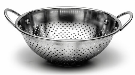 A stainless steel colander shines against a white backdrop, highlighting its utility in the culinary arts.の素材